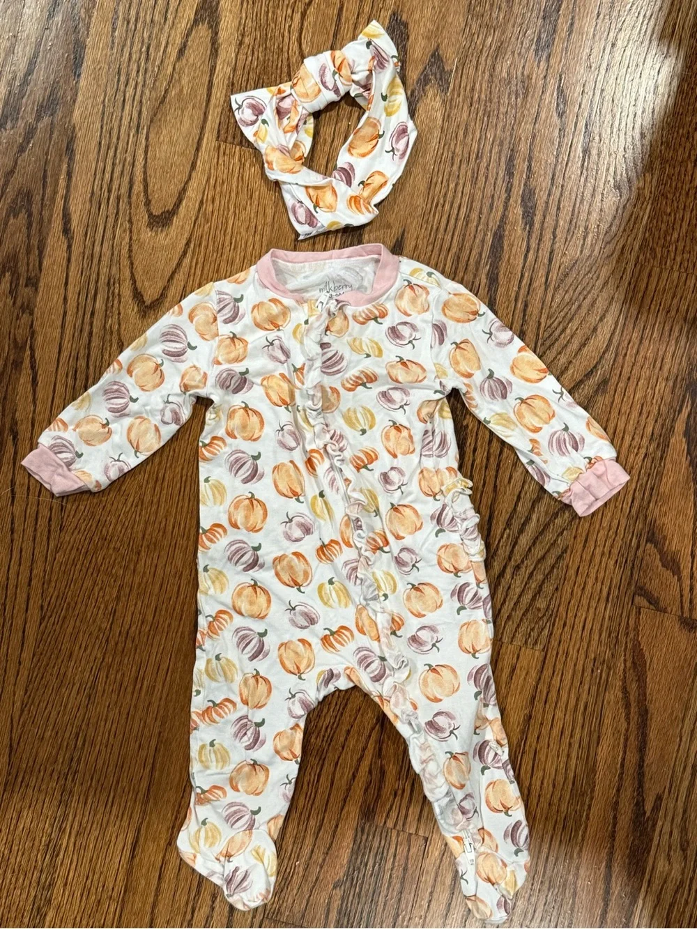Pumpkin Print Baby One-Piece Pajama with Headband - Pink Trim and Ruffle Butt